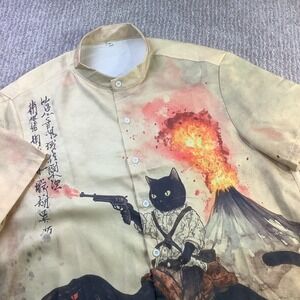 Black Cat Dinosaur Volcano Unique Graphic Print Short Sleeve Button Up Shirt XL